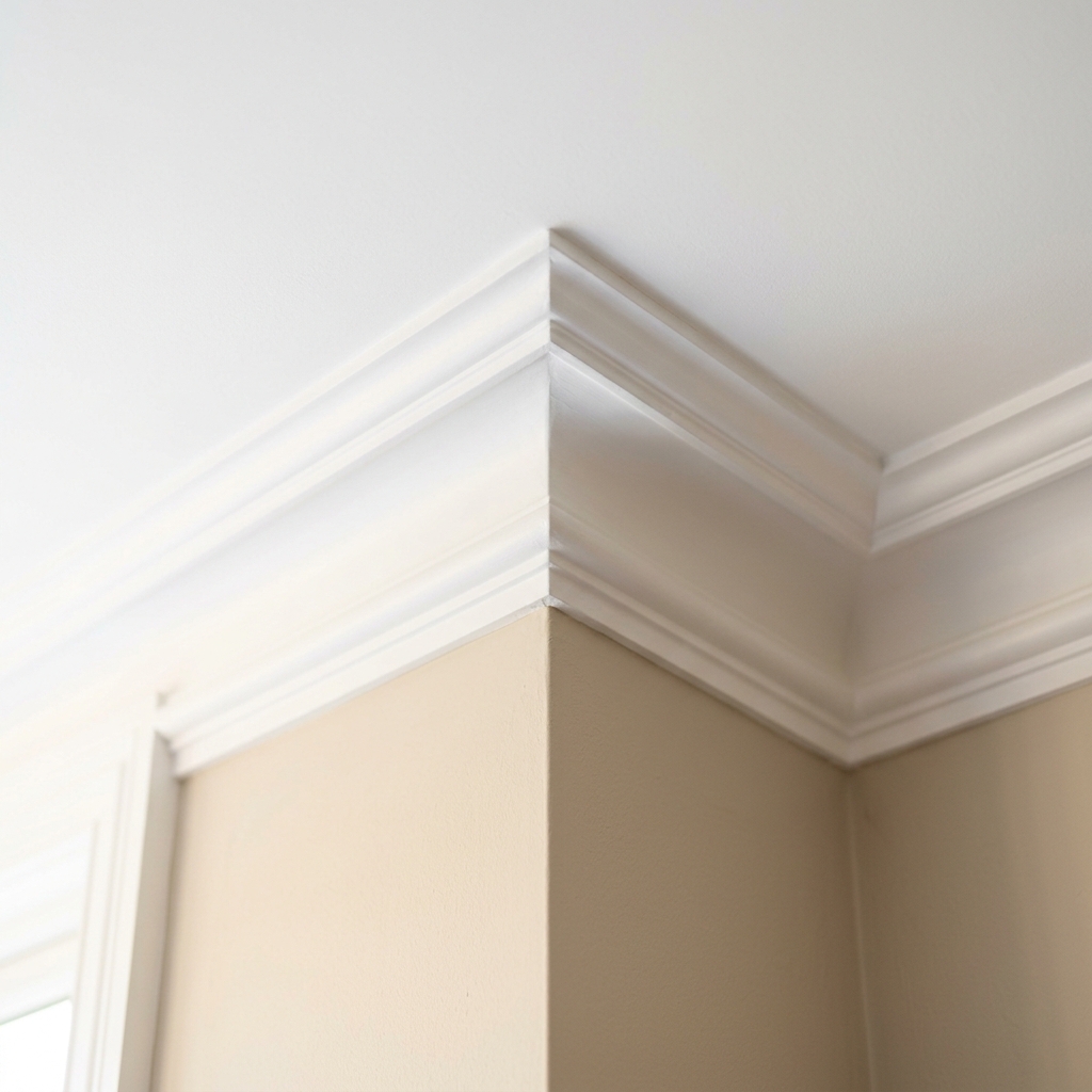 Crisp white crown molding freshly installed at the ceiling-wall junction in a Florida home