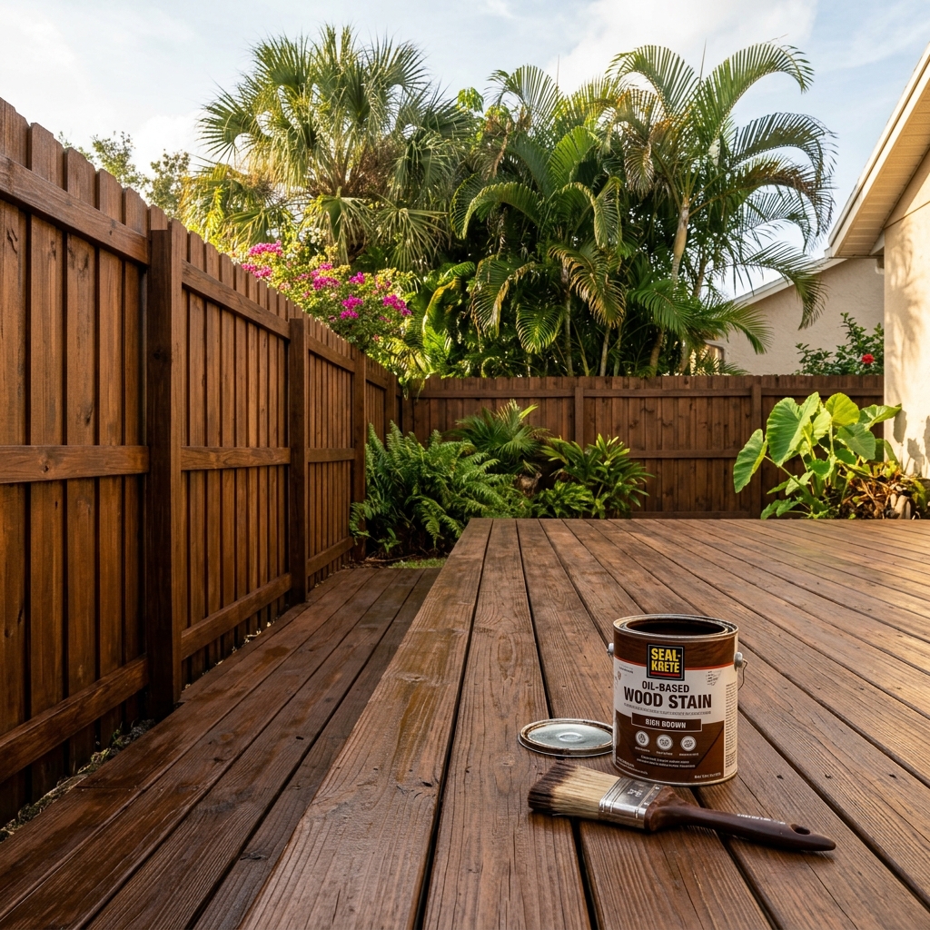 Wood fence staining with oil-based finish in a Florida backyard — UV and moisture resistant