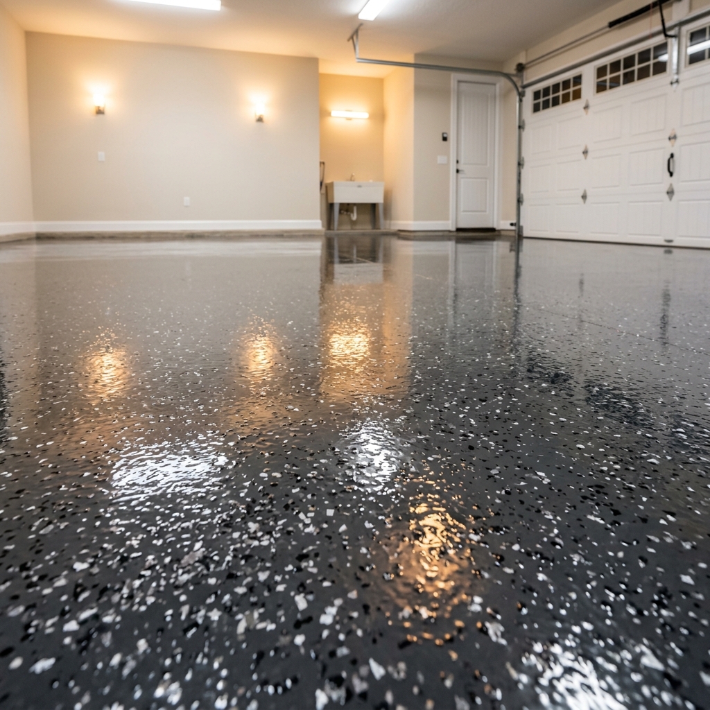 High-gloss aliphatic polyaspartic garage floor coating in Port St. Lucie — metallic flake finish