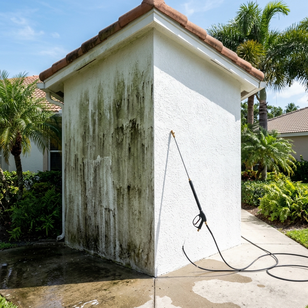 Soft-wash power washing removing mold from a Florida stucco home exterior