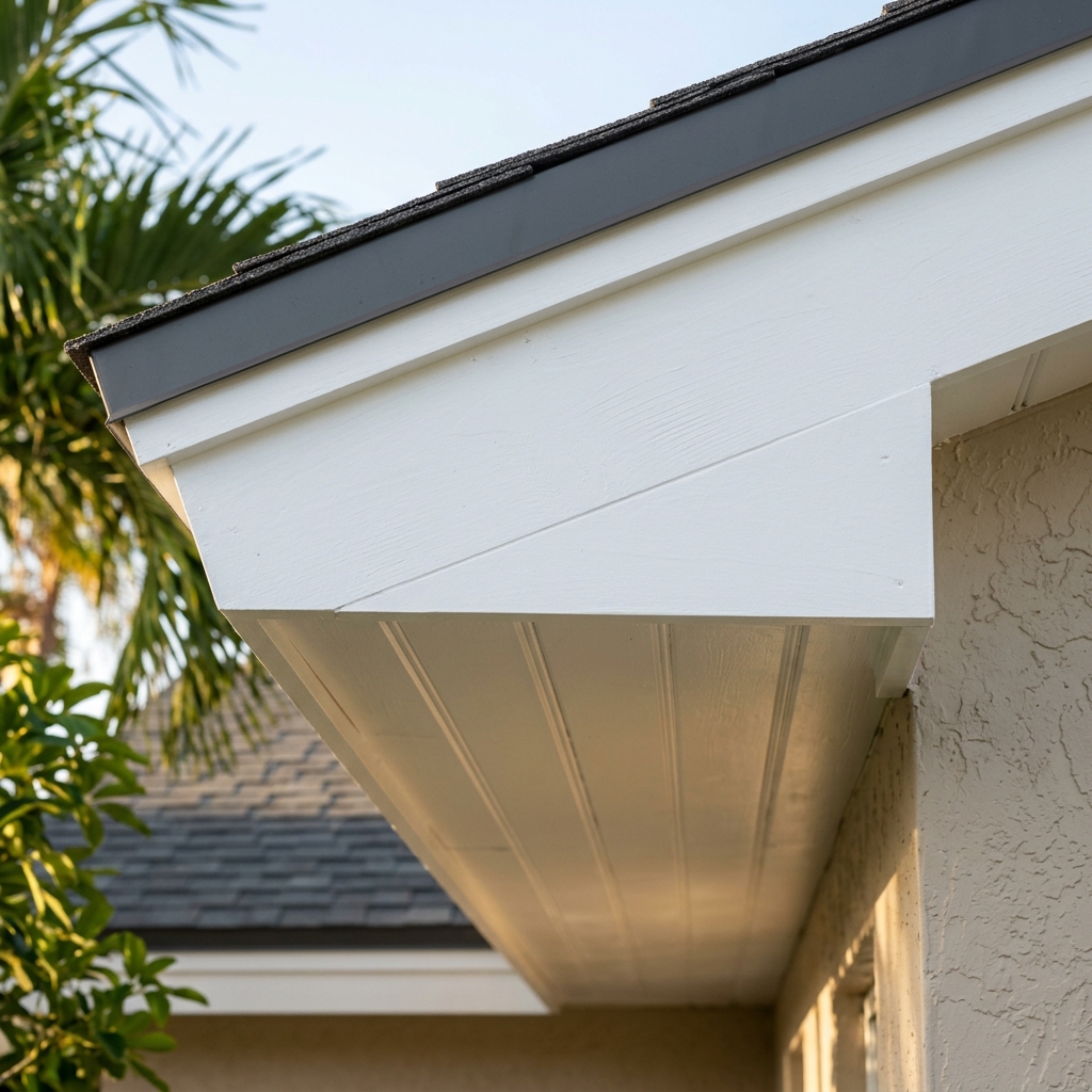 Freshly restored fascia boards and soffits on a South Florida home roofline — precision carpentry
